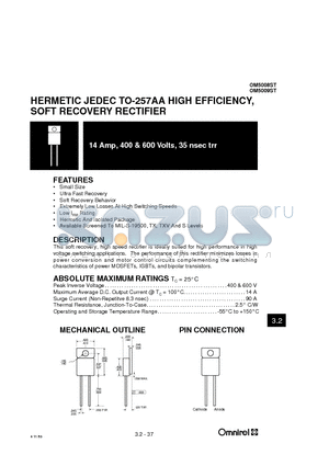 OM5009ST datasheet - HERMETIC JEDEC TO-257AA HIGH EFFICIENCY, SOFT RECOVERY RECTIFIER