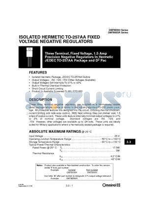 OM7900SRM datasheet - ISOLATED HERMETIC TO-257AA FIXED VOLTAGE NEGATIVE REGULATORS