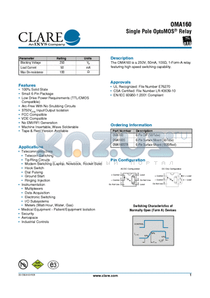 OMA160STR datasheet - Single Pole OptoMOS^ Relay