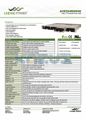 ACE254RUW48 datasheet - 4 Bay / 10 Kilowatt Power Shelf