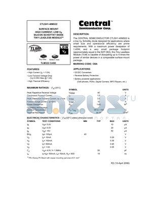 CTLSH1-40M322 datasheet - SURFACE MOUNT HIGH CURRENT, LOW VF SILICON SCHOTTKY DIODE TINY LEADLESS MODULE