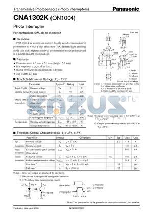 ON1004 datasheet - Transmissive Photosensors (Photo lnterrupters) For contactless SW, object detection