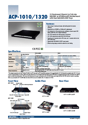 ACP-1010BP-00XE datasheet - 1U Rackmount Chassis for Full-size SHB/SBC or ATX/MicroATX Motherboard with Dual SAS/SATA HDD Trays