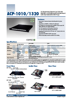 ACP-1010MB0-30ZE datasheet - 1U Rackmount Chassis for Full-size SHB/SBC or ATX/MicroATX Motherboard with Dual SAS/SATA HDD Trays