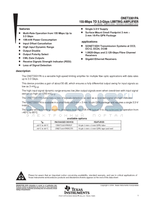 ONET3301PARGT datasheet - 155-MBPS TO 3.3-GBPS LIMITING AMPLIFIER