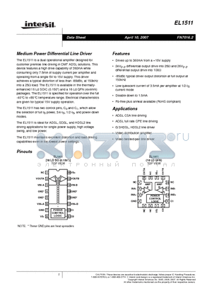 EL1511CL-T13 datasheet - Medium Power Differential Line Driver