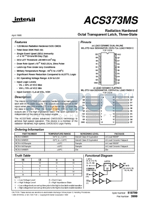 ACS373K datasheet - Radiation Hardened Octal Transparent Latch, Three-State