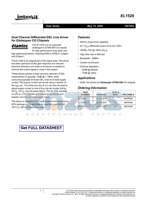 EL1529 datasheet - Dual Channel Differential DSL Line Driver for Globespan CO Chipsets