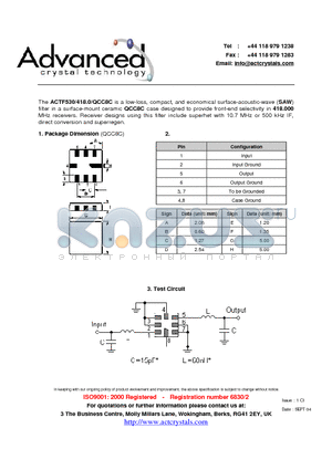 ACTF530 datasheet - low-loss, compact, and economical surface-acoustic-wave (SAW) filter