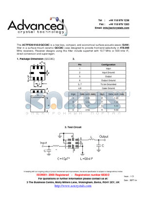 ACTF530/418.0/QCC8C datasheet - low-loss, compact, and economical surface-acoustic-wave (SAW) filter