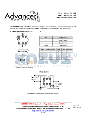 ACTF8010/836.5/DCC6C datasheet - low-loss, compact, and economical surface-acoustic-wave (SAW) RF filter