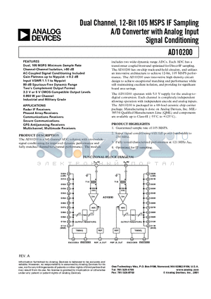 AD10200 datasheet - Dual Channel, 12-Bit 105 MSPS IF Sampling A/D Converter with Analog Input Signal Conditioning