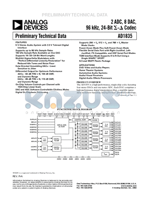 AD1835AS datasheet - 2 ADC, 8 DAC, 96 kHz, 24-Bit Codec