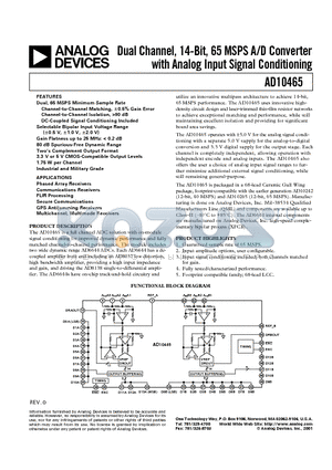 AD10465 datasheet - Dual Channel, 14-Bit, 65 MSPS A/D Converter with Analog Input Signal Conditioning