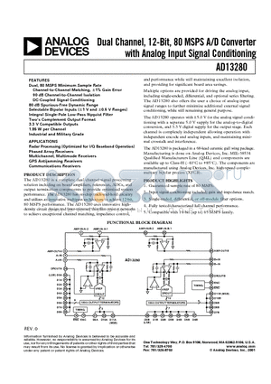 AD13280 datasheet - Dual Channel, 12-Bit, 80 MSPS A/D Converter with Analog Input Signal Conditioning