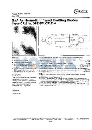 OP232W datasheet - GaAs HERMETIC INFRARED EMITTING DIODES