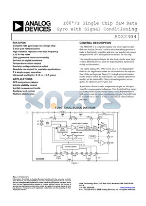 AD22304 datasheet - a80`/s Single Chip Yaw Rate Gyro with Signal Conditioning