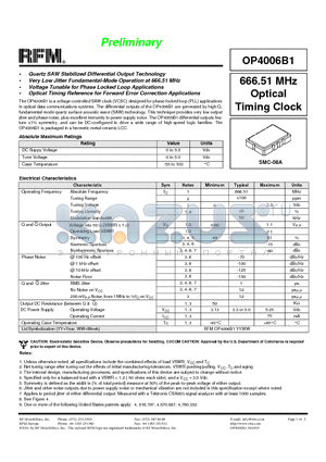 OP4006B1 datasheet - 666.51 MHz Optical Timing Clock