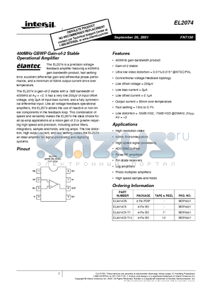 EL2074CS-T13 datasheet - 400MHz GBWP Gain-of-2 Stable Operational Amplifier