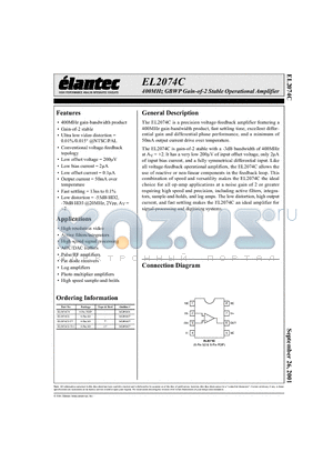 EL2074CN datasheet - 400MHz GBWP Gain-of-2 Stable Operational Amplifier