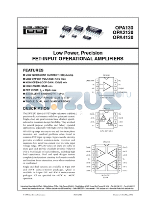 OPA130 datasheet - Low Power, Precision FET-INPUT OPERATIONAL AMPLIFIERS