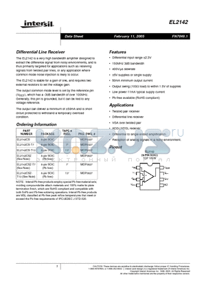 EL2142 datasheet - Differential Line Receiver