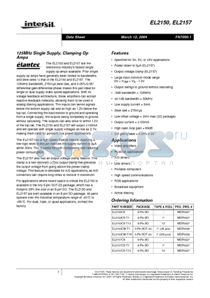 EL2150CW-T7 datasheet - 125MHz Single Supply, Clamping Op Amps