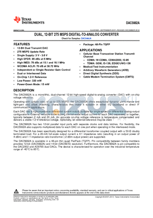 DAC5662A datasheet - DUAL, 12-BIT 275 MSPS DIGITAL-TO-ANALOG CONVERTER