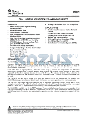 DAC5672IPFB datasheet - DUAL, 14-BIT 200 MSPS DIGITAL - TO - ANALOG CONVERTER