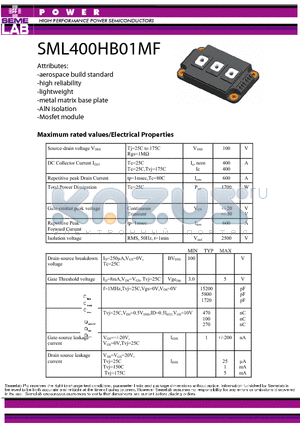 SML400HB01MF datasheet - HIGH PERFORMANCE POWER SEMICONDUCTORS