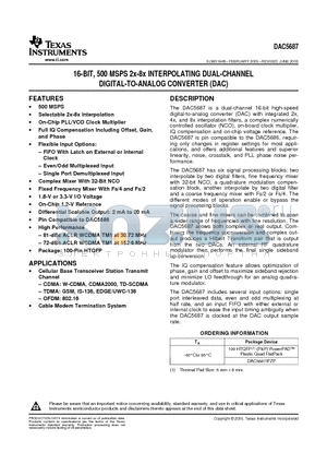 DAC5687 datasheet - 16-BIT, 500 MSPS 2x-8x INTERPOLATING DUAL-CHANNEL DIGITAL-TO-ANALOG CONVERTER (DAC)