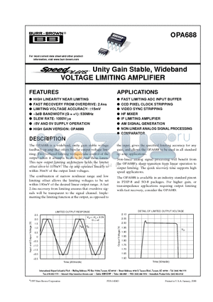 OPA688 datasheet - Unity Gain Stable, Wideband VOLTAGE LIMITING AMPLIFIER