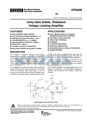 OPA698 datasheet - Unity-Gain Stable, Wideband Voltage Limiting Amplifier