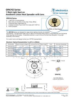 OPA742B23 datasheet - 1 Watt Light Spot on Anotherm Linear Heat Spreader with Lens