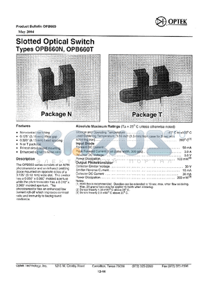 OPB660T datasheet - SLOTTED OPTICAL SWITCH