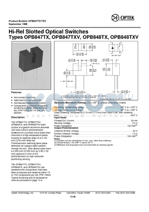 OPB848TXV datasheet - Hi-Rel Slotted Optical Switches
