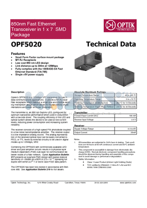 OPF5020 datasheet - 850nm Fast Ethernet Transceiver in 1 x 7 SMD Package