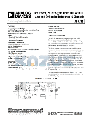 AD7794 datasheet - Low Power, 24-Bit Sigma-Delta ADC with In-Amp and Embedded Reference (6 Channel)