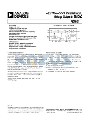 AD7801 datasheet - 2.7 V to 5.5 V, Parallel Input, Voltage Output 8-Bit DAC