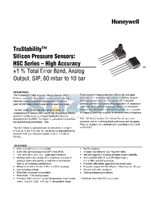 HSCSRND1.6BGAC5 datasheet - TruStability silicon Pressure Sensors: HSC Series-High Accuracy -1% total Error band,Analog output,SIP,60 mbar to,10 bar