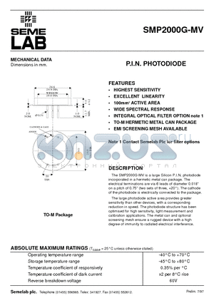 SMP2000G-MV datasheet - P.I.N. PHOTODIODE