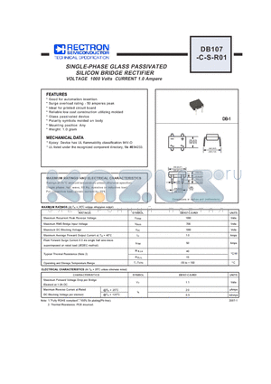 DB107-C-S-R01 datasheet - SINGLE-PHASE GLASS PASSIVATED SILICON BRIDGE RECTIFIER VOLTAGE 1000 Volts CURRENT 1.0 Ampere