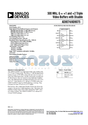 AD8075-EVAL datasheet - 500 MHz, G = -1 and 2 Triple Video Buffers with Disable