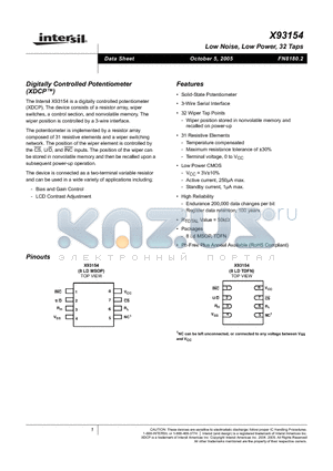 X93154UM8IZ-3 datasheet - Digitally Controlled Potentiometer