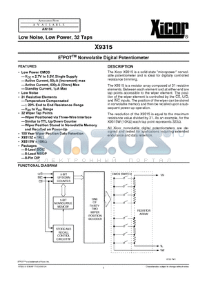 X9315WP-2.7 datasheet - E 2 POT TM Nonvolatile Digital Potentiometer