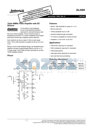 EL4390CM datasheet - Triple 80MHz Video Amplifier with DC Restore