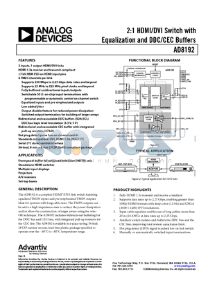 AD8192 datasheet - 2:1 HDMI/DVI Switch with Equalization and DDC/CEC Buffers