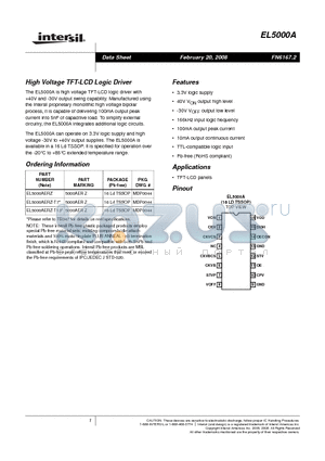 EL5000AERZ-T7 datasheet - High Voltage TFT-LCD Logic Driver