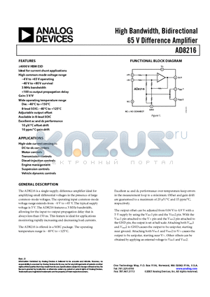 AD8216YRZ-R7 datasheet - High Bandwidth, Bidirectional 65 V Difference Amplifier