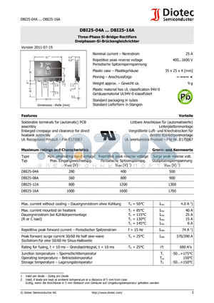 DBI25-16A datasheet - Three-Phase Si-Bridge-Rectifiers